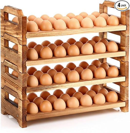 Reallnaive 4 Tier Wooden Egg Holder for Countertop, Pine Stackable Fresh Egg Storage Farmhouse Collecting Rack for Gathering Kitchen Organizer Duck Eggs Display, Stackable with 72 Eggs(Brown)