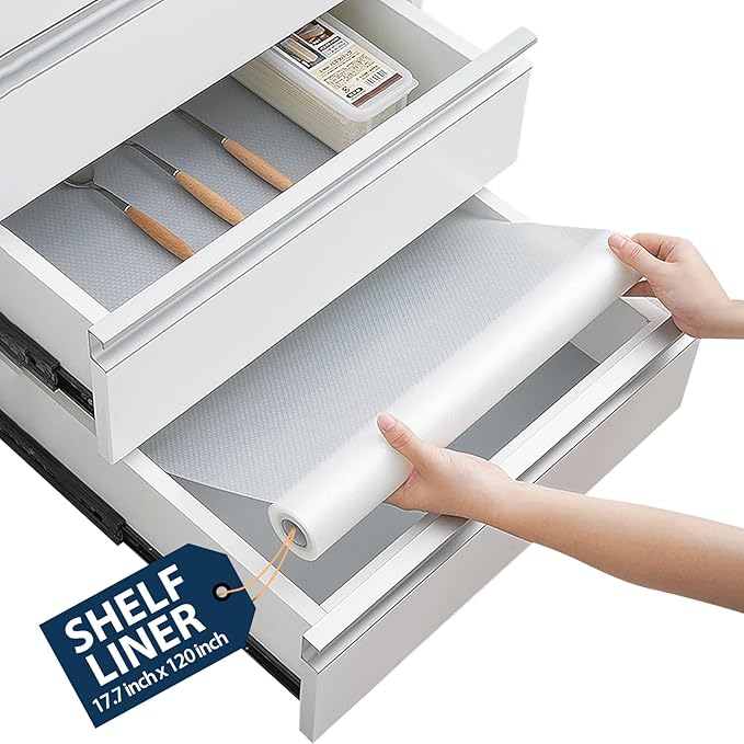 Shelf Liner Drawer Liner for Kitchen Cabinets Non-Adhesive by Linda’s Essentials (17.7 x 120 Inches) - Non-Slip Easy Clean Kitchen Cabinet and Cupboard Protector, Waterproof Mat, Clear Roll