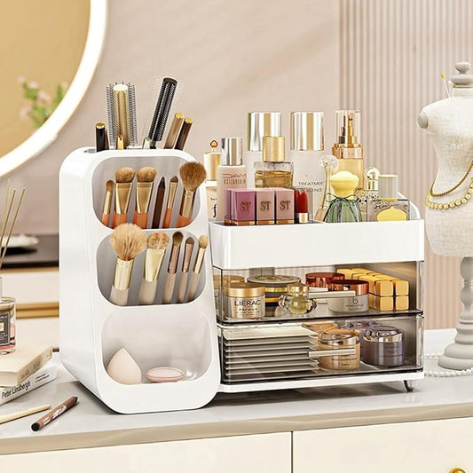 Booklov Makeup Organizer for Vanity, Large Capacity Cosmetic Display Case with Clear Acrylic Drawer, Countertop Beauty Storage Holder for Skincare, Brush Eyeshadow Lipstick Counter Desk, Crystal White