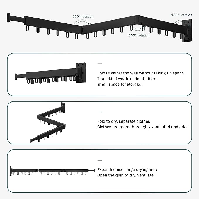 LIENAHU Clothes Drying Rack,Laundry Drying Rack,Clothes Rack Wall Mount,Wall Mounted Clothes Hanger Rack,Laundry Rack Folding,Retractable Clothing Rack,Collapsible Clothes Hanging Rack(Loop,Black)