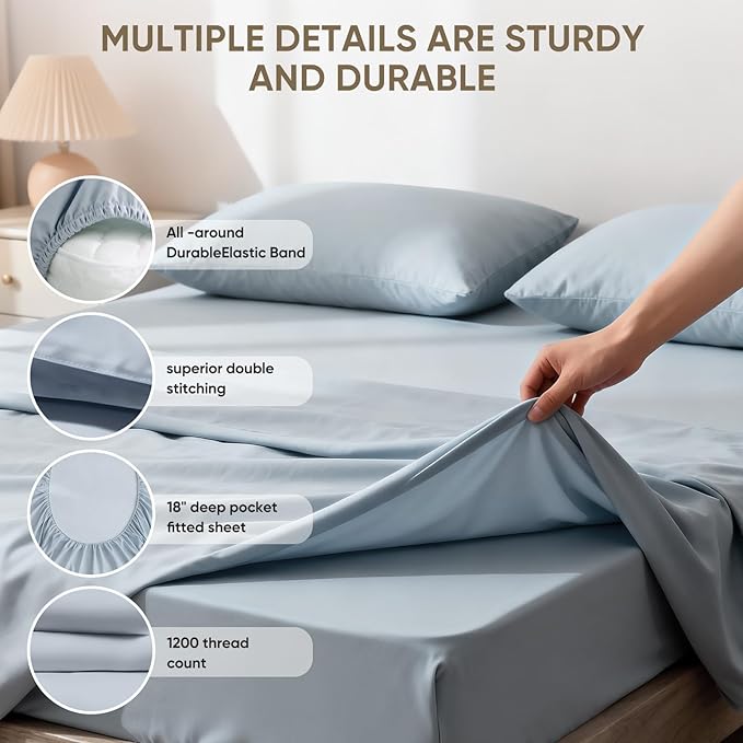 TWK 1200 Thread Count 100% Egyptian Cotton Sheets Bed Set,Thickness,Long-Lasting Durability,Resists Pilling,Deep Pocket Up to 18",with a Laundry Bag (French Blue, California King)