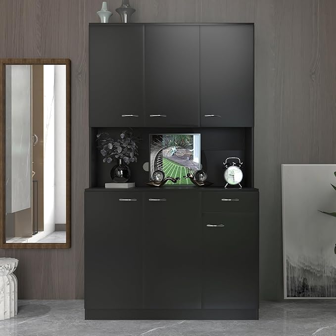 Modern Kitchen Pantry Cabinet, 70.86" Tall Freestanding Cupboard with Multi-Tier Storage Rack and Microwave Stand for Kitchen, Living Room,Black