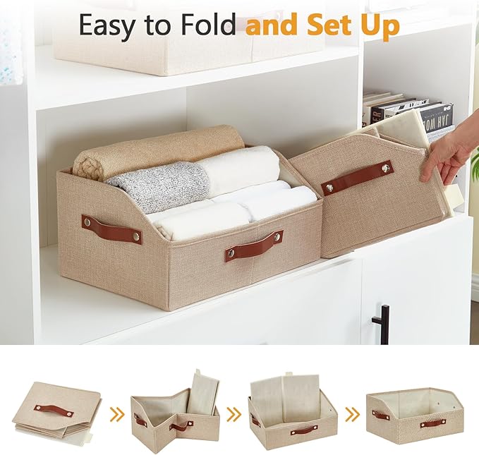 Bagnizer Closet Organizers and Storage, Linen Trapezoid Storage Bins with Handles, Collapsible Shelf Organizer for Blanket, Towel, Clothes, Hats, Purse (Khaki)