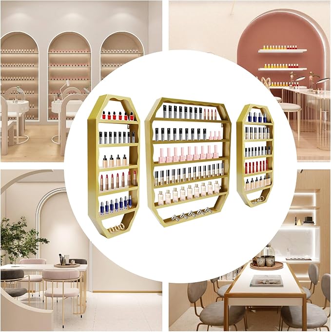 Wall-Mounted Nail Polish Storage Racks, 3PCS Multi-Tiers Metal Cosmetic Display Rack Lipstick Perfume Display Rack with 1 Middle Rack & 2 Side Racks for Spa Nail Salon Shop (Gold)