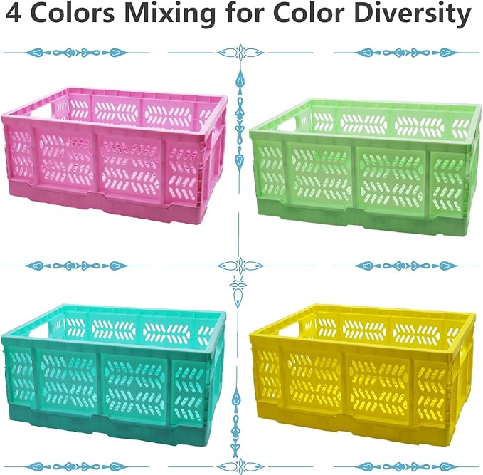 20L Folding Crate, 4Pack Plastic Storage Baskets Organizer for Home and Office,Collapsible Storage Crates for Home Office and Outdoor Organizer. (Mix Colors)