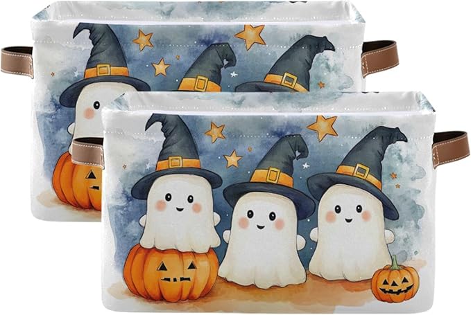 xigua Cute Cartoon Ghosts Storage Basket Foldable Storage Bin, Canvas Rectangular Storage Basket with Leather Handles for Home Closet & Office Decoration