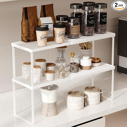 Magheo Expandable Cabinet Shelf Organizer, 2 Pack Stackable Kitchen Counter Shelf Riser, Metal Spice Rack Adjustable Heavy Duty Countertop Organizer Storage for Kitchen, Pantry, Cupboard, Rv (White)