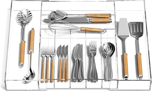 NIUBEE Expandable Kitchen Drawer Organizer for Flatware and Utensils,Clear Acrylic Adjustable Silverware Tray for Drawer,Office,Bathroom Supplies-9 Compartments
