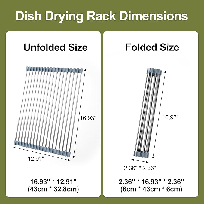 16.93 ×12.91 Inch Sink Drying Rack Roll Up, Silicone Wrapped 304 Square Stainless Steel Over the Sink Dish Drying Rack Counter Kitchen Home RV Essentials Foldable Sink Organizer,Grey