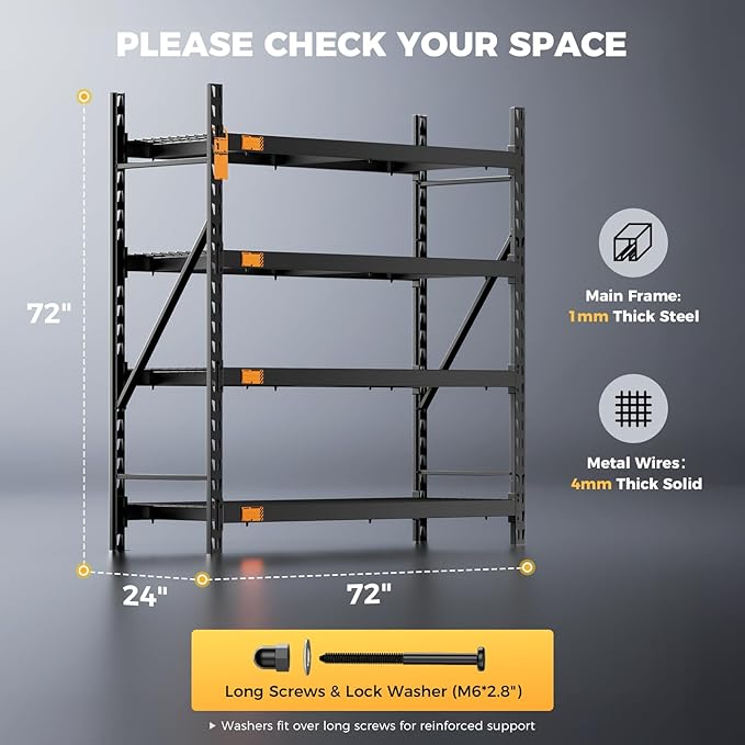 CAMMOO 72''W Storage Shelves, 6000LBS Metal Garage Shelving Unit with Magnetic Label, Upgraded Structure, Solid Steel Industrial Rack, Easy Assembly for Warehouse,Basement, 72''W x 24''D x 72''H