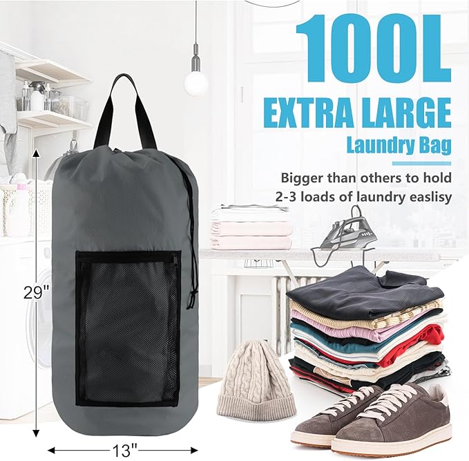 Olosar Laundry Bag Backpack, 2PCS Extra Large Travel Laundry Bag with Mesh Pocket & Adjustable Shoulder Straps,Dirty Clothes Travel Bag for College Students Dorm,Apartment(Grey)