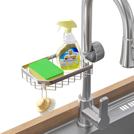 LONIN Stainless Steel Kitchen Sink Organizer Caddy – Over Faucet Sponge & Brush Holder, Rust-Resistant, Adjustable Universal Fit Faucet Rack, Quick Drain Sink Space Saver