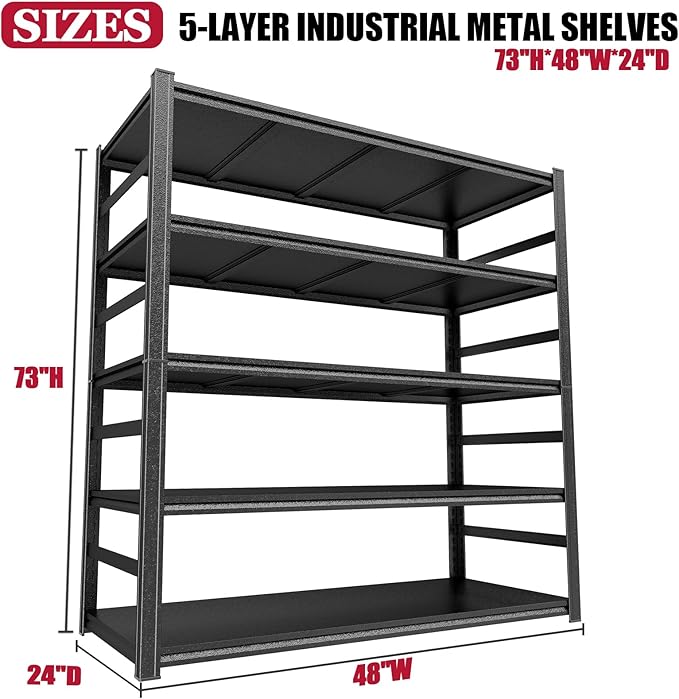 Garage Shelving 3500LBS Heavy Duty Storage Shelves 5-Tier Adjustable Metal Shelving Units Garage Storage Shelves for Industrial, Warehouse, Basement, Commercial, 73" H × 48" W × 24" D Black