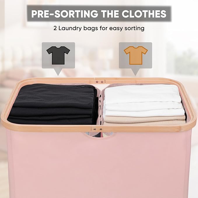 BALEINE Laundry Hamper with Lid, Tall Laundry Baskets with Bamboo Pull Handles, Large Laundry Bin with Internal Support (36 Gal/140L, Pink)