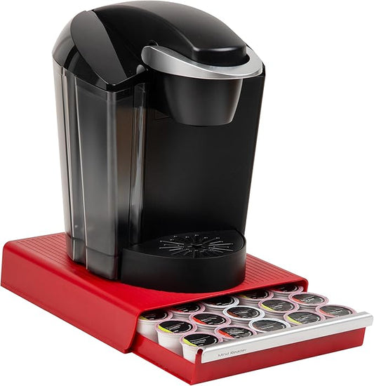 Mind Reader Single Serve Coffee Pod Drawer, 30 Pod Capacity, 5 Row Organizer with 2 Inch Dividers, Countertop Storage Base (Coffee Maker Not Included), Red