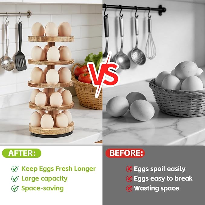 lotoo Wooden Egg Holder Countertop, 5-Tier Egg Rack for Gathering 30 Fresh Eggs, 360° Rotating Spiral Egg Storage Organizer for Kitchen Counter, Farmhouse, Easter Egg Collector, Large Capacity
