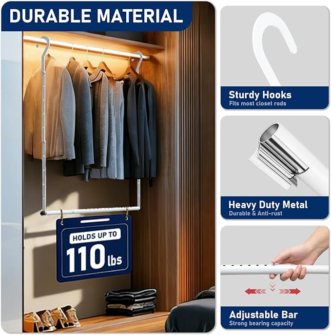 Hanging Closet Rod Extenders, Adjustable Width and Height Closet Extender Hanging Rod, Space-Saving Closet Hanging Rod, Heavy Duty Closet Bar for Hanging Clothes, 1 Pack White