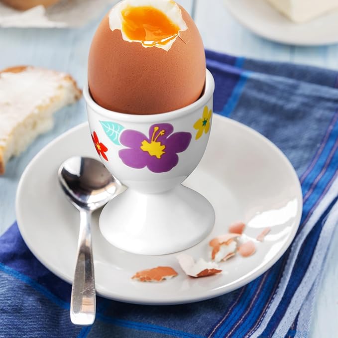 Cinf Ceramic Egg Cups Easter Gift Set of 2 Porcelain Holder Breakfast Boiled Cooking Easy to Clean Childhood Memories Kitchen(Hawaii Flower)