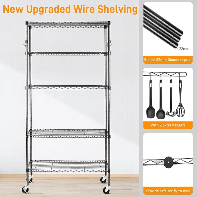 BolDuck 5 Tier Storage Shelves with Wheels, 1750lbs Capacity Heavy Duty Shelving Units, 14x36x75inch Adjustable Metal Shelf Wire Shelving Rack for Garage, Kitchen, Office, Black