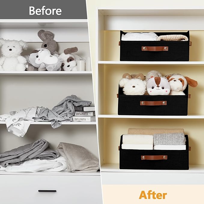 Bagnizer Closet Organizers and Storage, Linen Trapezoid Storage Bins with Handles, Collapsible Shelf Organizer for Blanket, Towel, Clothes, Hats, Purse (Black)