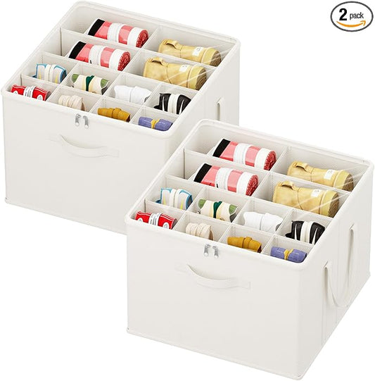 Lifewit Shoe Storage Organizer for Closet, Fabric Large Shoe Box Storage Containers with Clear Cover, Foldable Bins for Boots Heels Sneakers Fits 24-32 Pairs (Each 12-16 Pairs) 2 Pack White