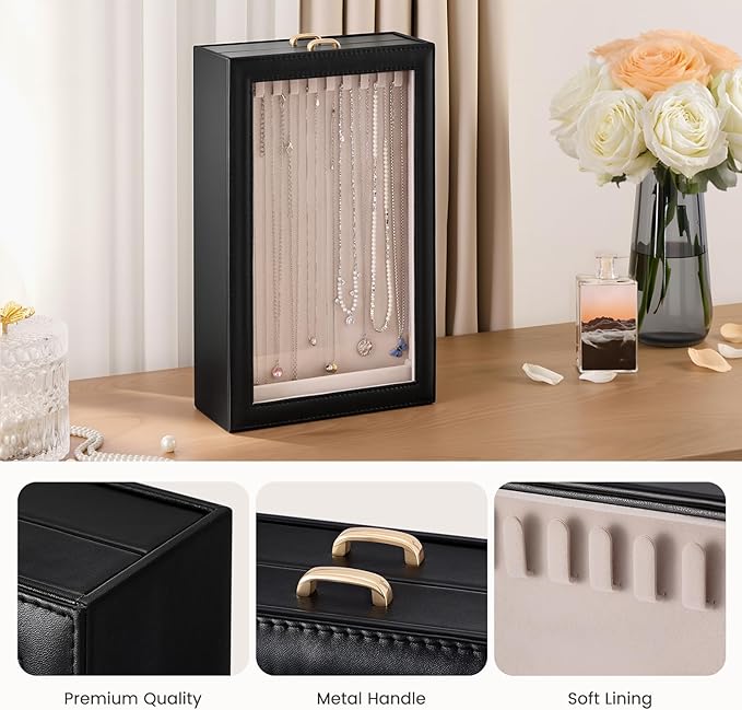 Lolalet Necklace Organizer Box, Jewelry Storage Box with Clear Window for Necklaces Bracelets, Tangle-Free Necklace Display Case for Women Girls, Mothers Day Gift