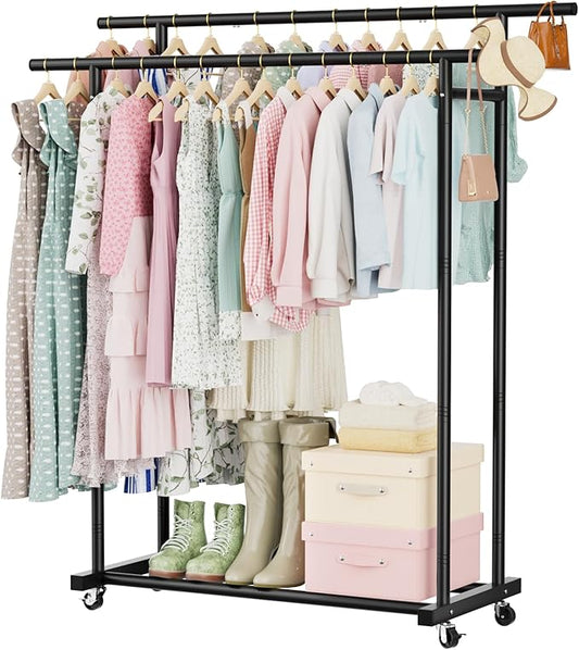 Abiglifty Double Rods Clothes Rack for Hanging Clothes, Clothing Rack with Wheels, Portable Closet Organizer for Laundry, Room (Black
