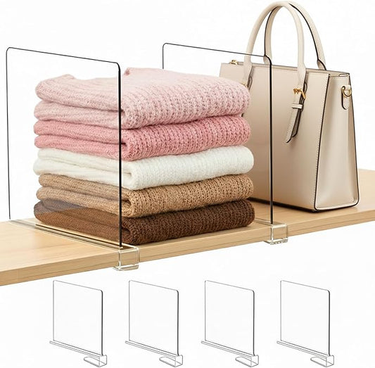 Purse Organizer for Closet Shelf Dividers: 11-inch Tall (Higher Version) Adjustable Clear Acrylic Bag Storage Organizer for Handbags, Sweaters, Towels, Jeans and Shoes on Wood Shelves 4-Pack