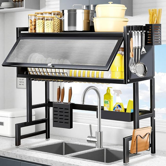 Over the Sink Dish Drying Rack 3 Tier with Cover.Space-Saving Dish Drainer Organizer for Dishes, Glasses, Bowls & Cutlery.Tidy Kitchen Counter Storage Solution