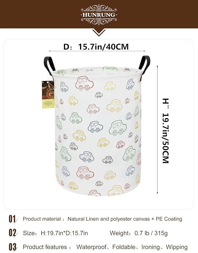 HUNRUNG Collapsible Fabric Storage Basket, Waterproof Laundry Hamper with Handles, Round Storage Bin for Clothes Toys, Foldable Organizer for Bedroom Nursery Bathroom(Round-Colorful Car)
