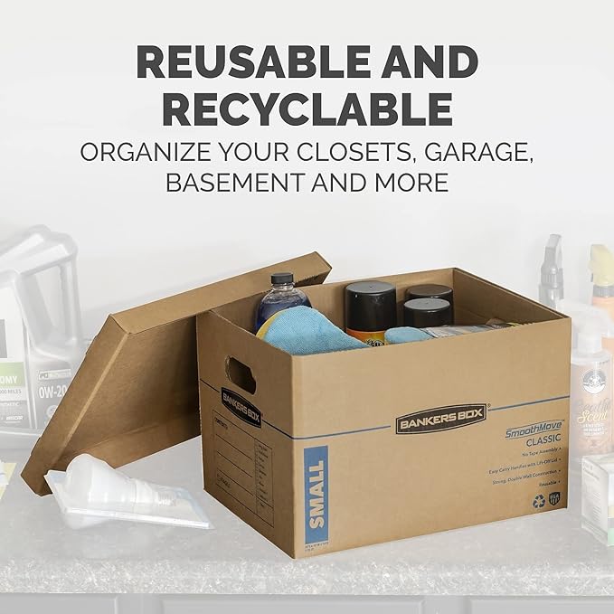Bankers Box Small Classic Moving Box 20 Pack, Reinforced Handles, Tape-Free Assembly, Box with Lid, 15-In x 12-In x 10-In (7714210)