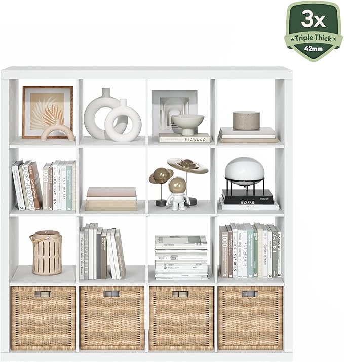 Furinno Cubicle Book Shelf, 16-Cube Bookshelf, Triple Thick Frame Cube Storage Organizer, 1.65" Bookcase, 15.4 x 57.4 x 56.9, for Home Office, Living Room, Plain White