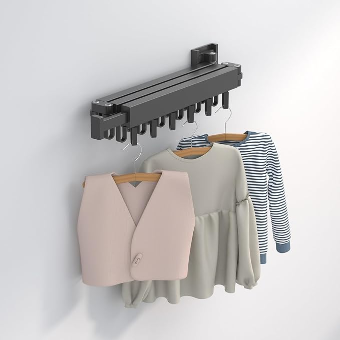 Wall Mounted Clothes Hanger Rack Folding Wall Mounted Clothes Hanger for Laundry (3U Black)
