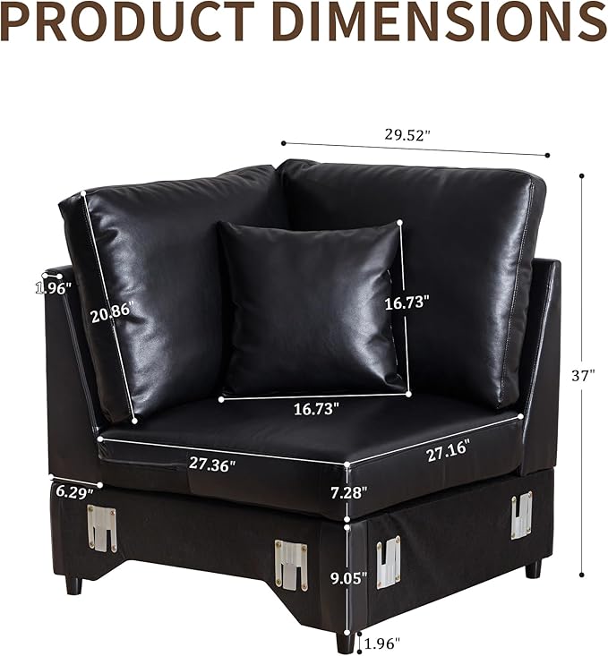 LEVNARY Modular Corner Chair, Faux Leather Upholstered Single Corner Seat for Sectional Sofas (Black)