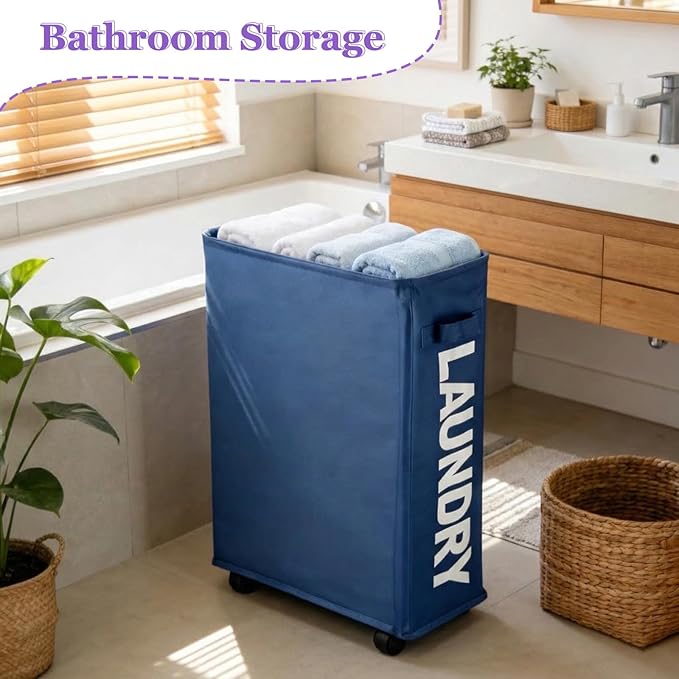 Narrow Laundry Basket with Wheels, 42L Slim Rolling Laundry Hamper with Brake, Collapsible Dirty Clothes Hamper with Mesh Cover & Handle, Storage Bin for Dorm, RV, Small Spaces, Navy Blue