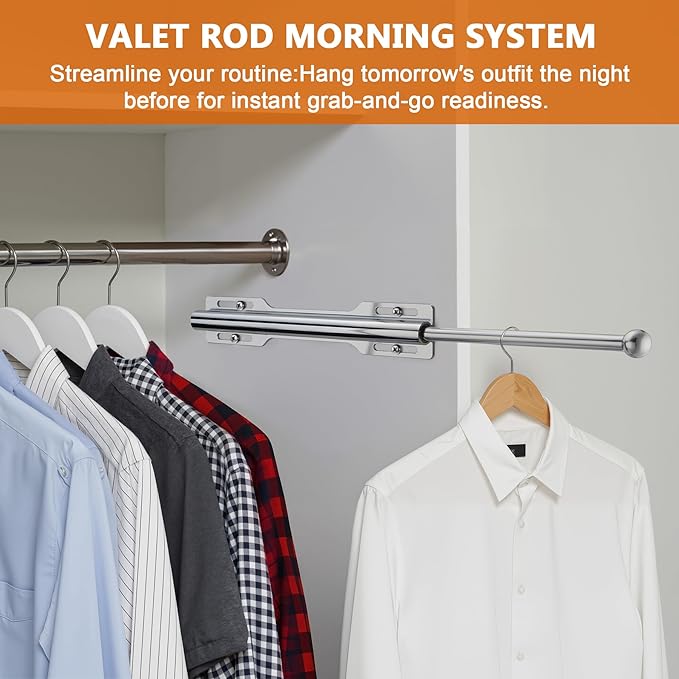 Closet Valet Rod Slide Out, Closet Pull Out Rod for Bedroom Laundry Room Bathroom, Chrome