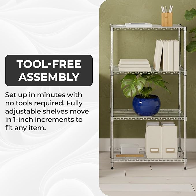 4-Tier Heavy Duty Adjustable Shelves, Metal Storage Rack with 250-lb Shelf Capacity, Chrome, 14" W x 24" L x 47" H