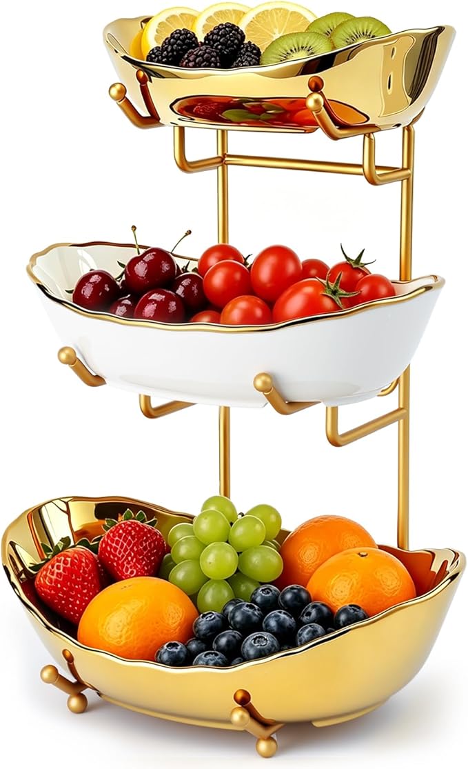 Ceramic Fruit Bowl for Kitchen Counter - 3 Tier Fruit Basket with Metal Stand, Tiered Fruit Stand for Countertop, Snack, Nuts, Cake, Dessert, Small & Cute (Gold & White,Small) 2