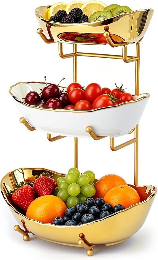 Ceramic Fruit Bowl for Kitchen Counter - 3 Tier Fruit Basket with Metal Stand, Tiered Fruit Stand for Countertop, Snack, Nuts, Cake, Dessert, Small & Cute (Gold & White,Small) 2