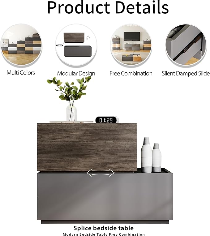 Svimi Modular Stackable Drawers, Modern Nightstand Modular Storage Bins - Storage Cabinet, Bedside Table, Sofa End Table for Living Room Hallway Entryway Grey Small Set 1