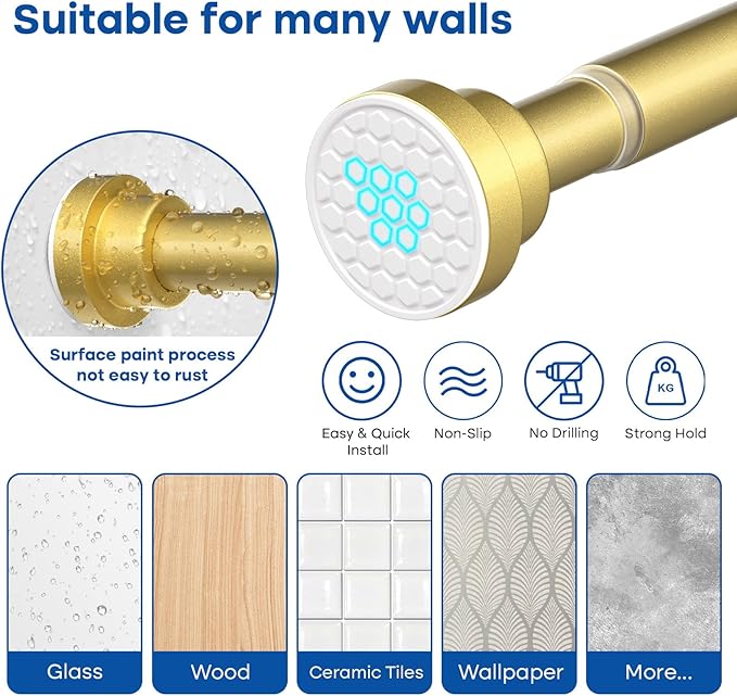 Tension Rods for Windows 28 to 48 Inch 2Pack Spring Curtain Rods No Drilling Gold Tension Rod Adjustable Curtain Rods Expandable Pressure Spring Tension Rod for Closet