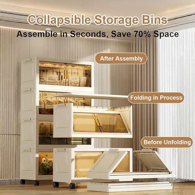 5-Tier Stackable Storage Bins with Wheels & Magnetic Doors, Foldable Collapsible Organizer Cabinet with Lids, 40 QT Arc-Design Storage Boxes for Bedroom, Kitchen, Office, Dorm