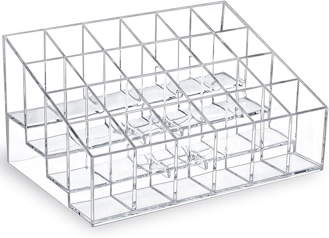 MOSIKER Lipstick Organizer,Small Clear Plastic Compact Lip Gloss Chapstick Perfume Sample Mascara Holder with 24 Slots