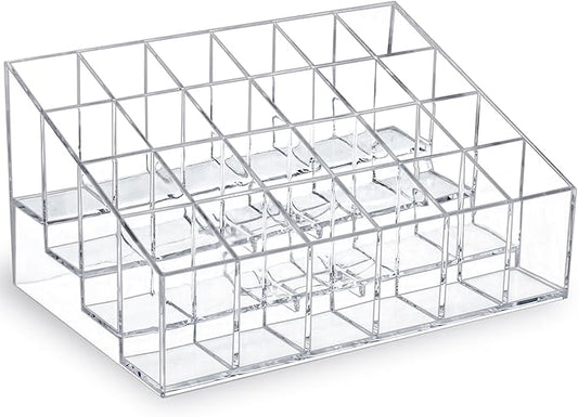 MOSIKER Lipstick Organizer,Small Clear Plastic Compact Lip Gloss Chapstick Perfume Sample Mascara Holder with 24 Slots