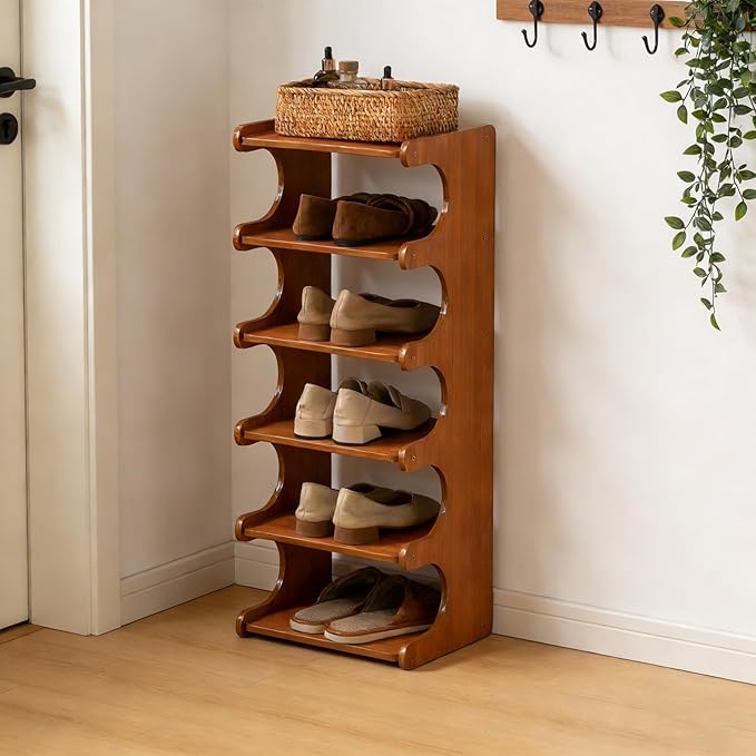 Tall Narrow Solid Wood Shoe Rack, 6 Tier Vertical Wooden Shoe Storage Tower, Freestanding Corner Multi-Layer Organizer for Entryway(12.6" L x 9.84" W x 32.1" H)