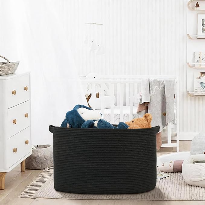 MEGASKET Extra Large Basket for Blankets, 23.6" x 17" x 12" Black Blanket Storage for Living Room, Big Cotton Rope Pillow Holder, Rectangle Kid Dog Toy Bin Box, Woven Laundry Basket, Shoe Bin Entryway