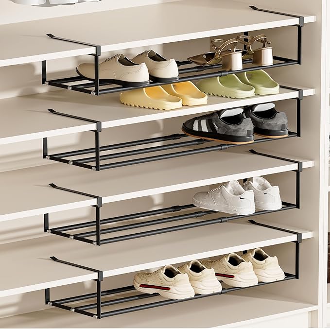Expandable Hanging Shoe Rack Organizer for Closet, Adjustable Shoe Rack Under Cabinet Shelf, Versatile Under Shelf Storage for Kitchen, Book, Clothing Storage and Organization(Black,4PCS)