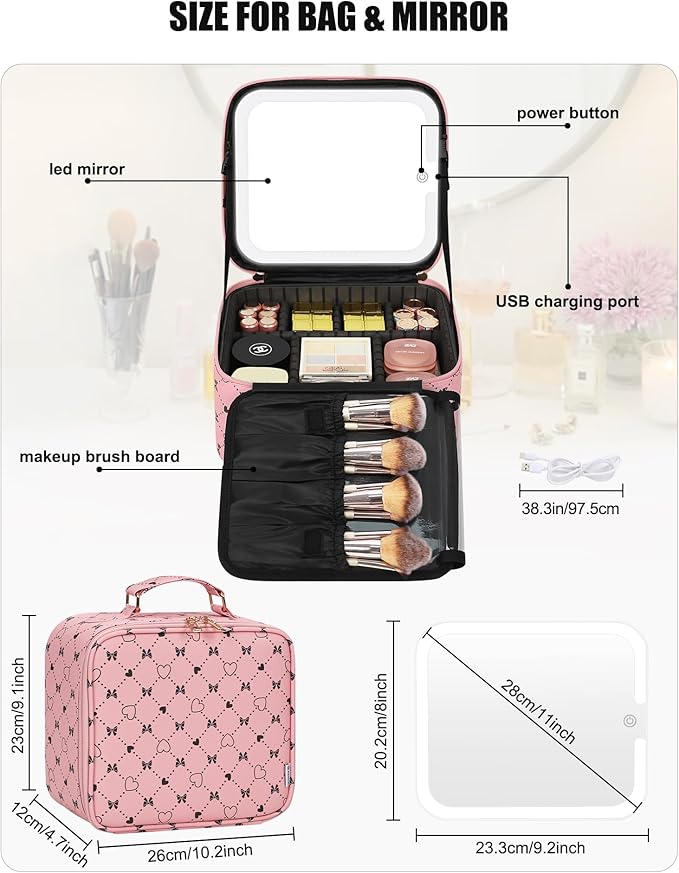 Relavel Travel Makeup Bag With LED Mirror, Compact Cosmetic Organizer Storage with Brush Compartment, 3 Colors in Adjustable Brightness, Adjustable Dividers, Make Up Train Case - Pink Bowknot