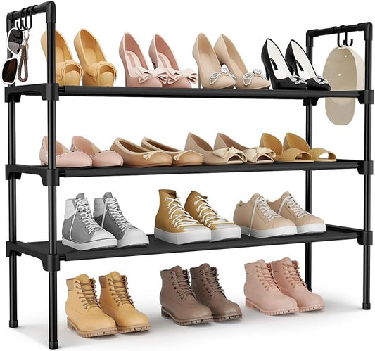 LANTEFUL 3 Tier Shoe Rack for Closet, Shoe Organizer with 5 Hooks, Long Shoe Shelf Storage for Sneaker and Boot Stackable Free Standing Shoe Rack for Entryway, Garage, Small Spaces, Dorm