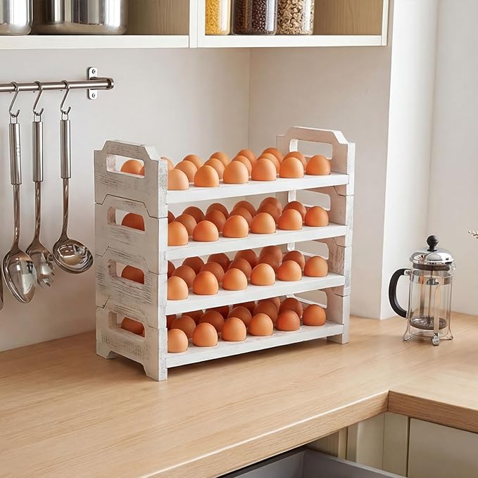 Reallnaive 4 Tier Wooden Egg Holder for Countertop, Stackable Fresh Egg Storage Farmhouse Collecting Rack for Gathering Kitchen Organizer Duck Eggs Display, Stackable with 72 Eggs (White,Pine)